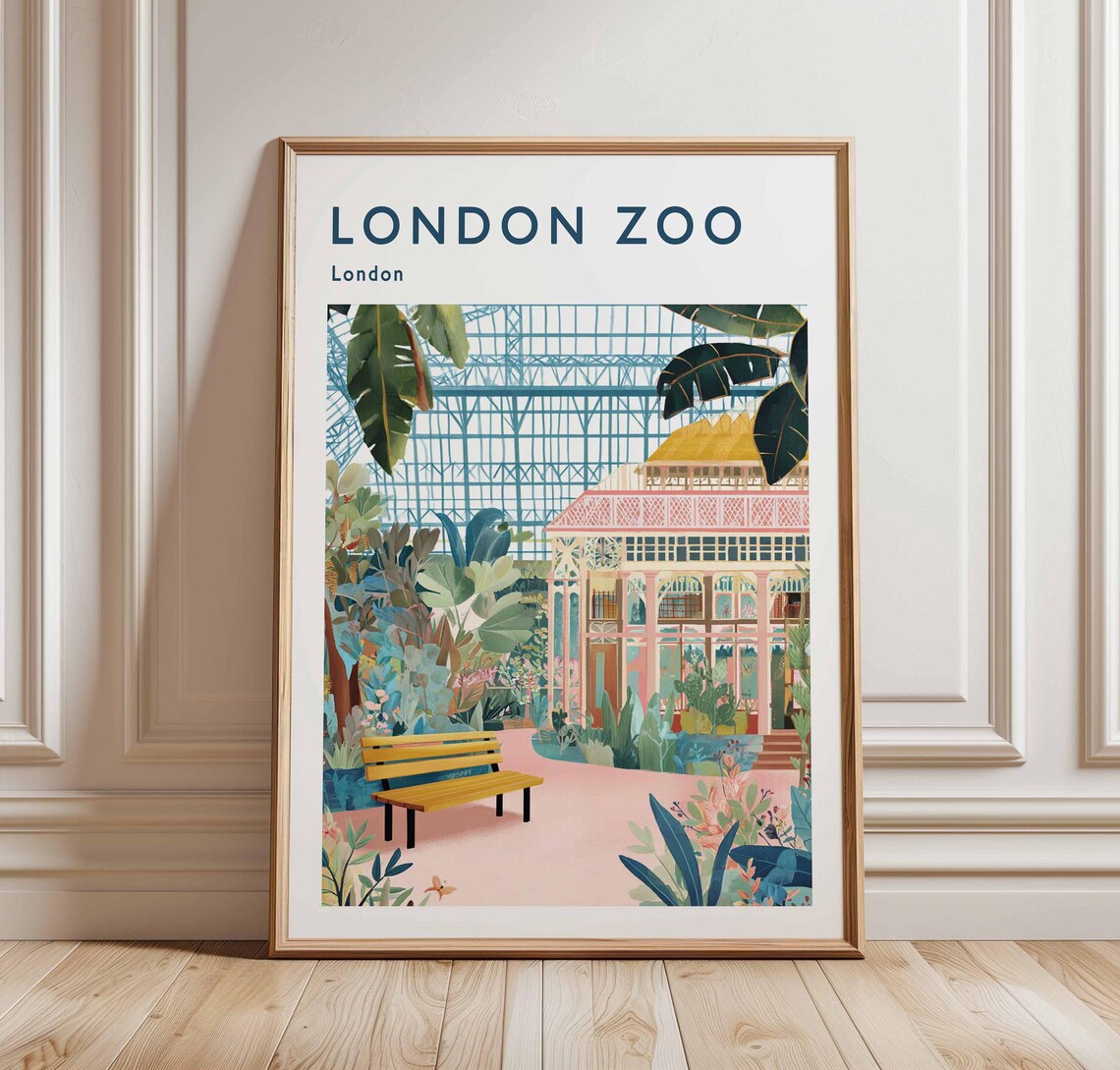 London Zoo Vintage Style Travel Poster Tropical Palm House Scene