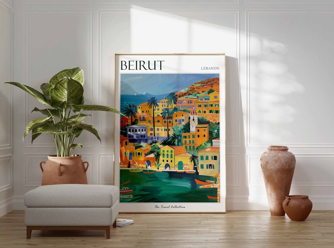 Beirut Lebanon Tropical Harbor Palm Trees Painting Travel Poster - Image 3