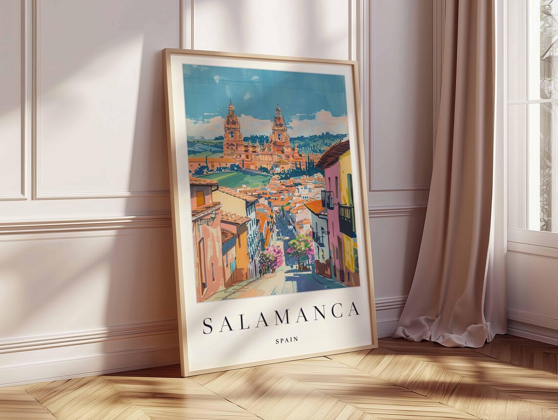 Salamanca Spain Colorful Street View with Twin Cathedral Towers Poster - Image 2