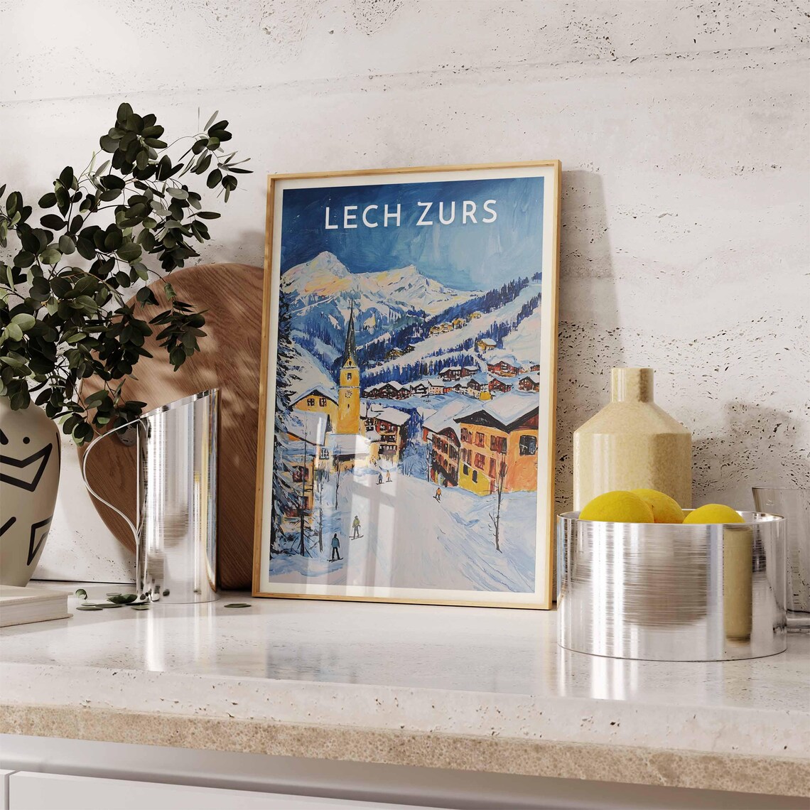Lech Zurs Austria Village Church Spire Skiers Snowy Peaks Poster - Image 2