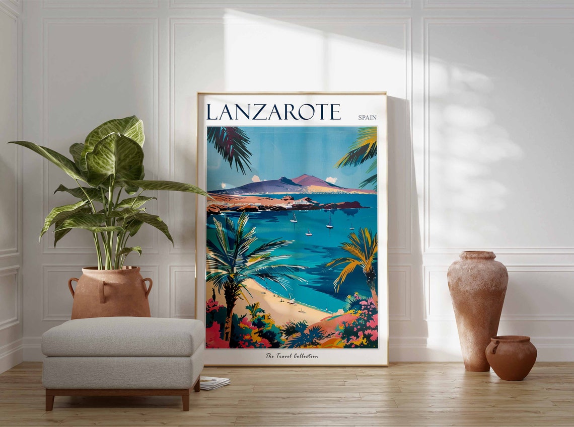 Lanzarote Spain Tropical Beach Palm Trees Turquoise Bay Poster - Image 3