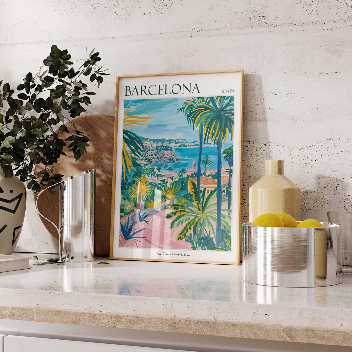 Barcelona Spain Tropical Palm Coast View Painted Travel Poster - Image 3