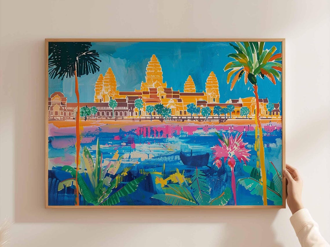 Angkor Wat Sunset Vibrant Pop Art Temple Palms Cambodia Poster