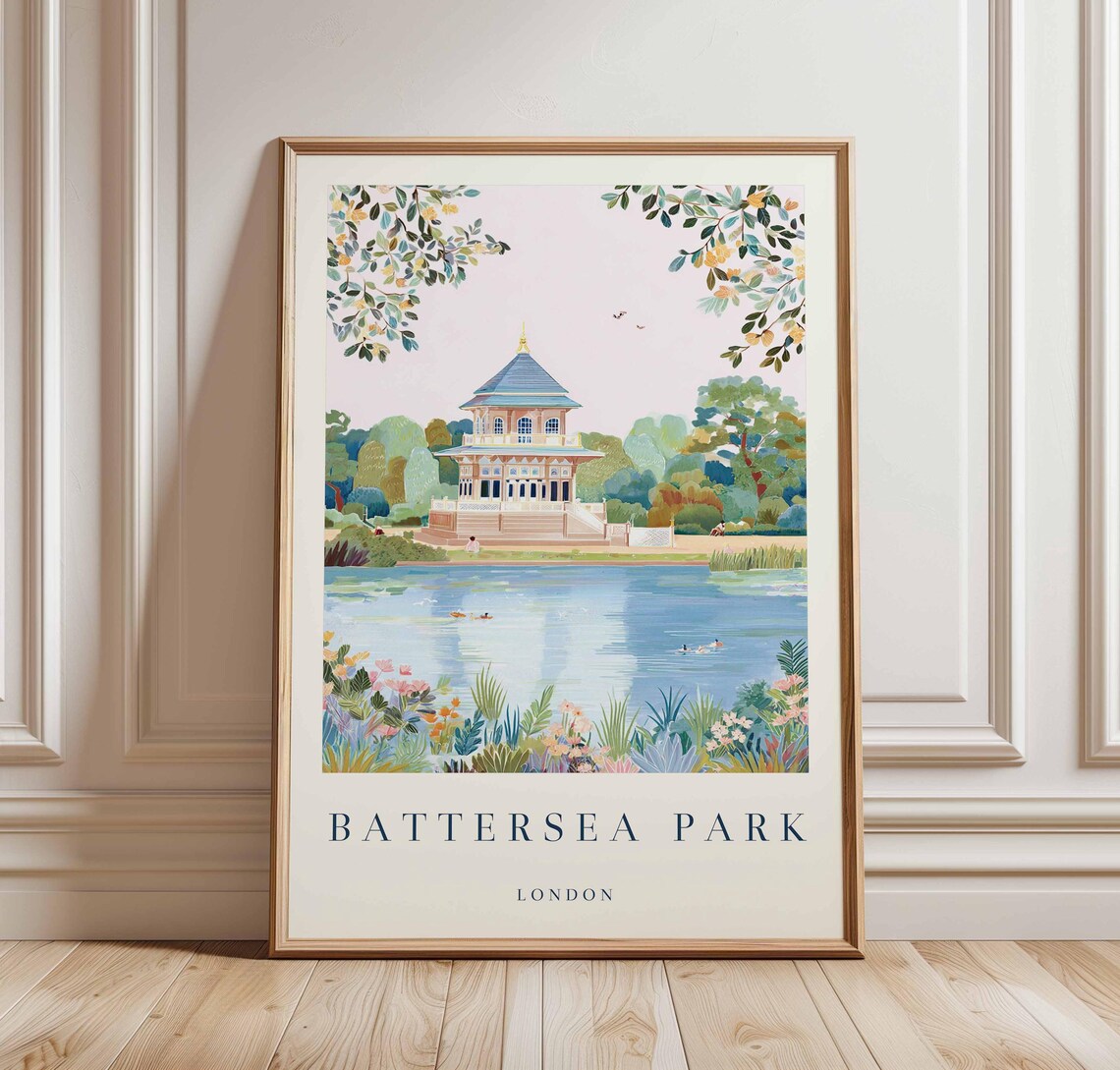 Battersea Park London Lakeside Pagoda Botanical Travel Poster