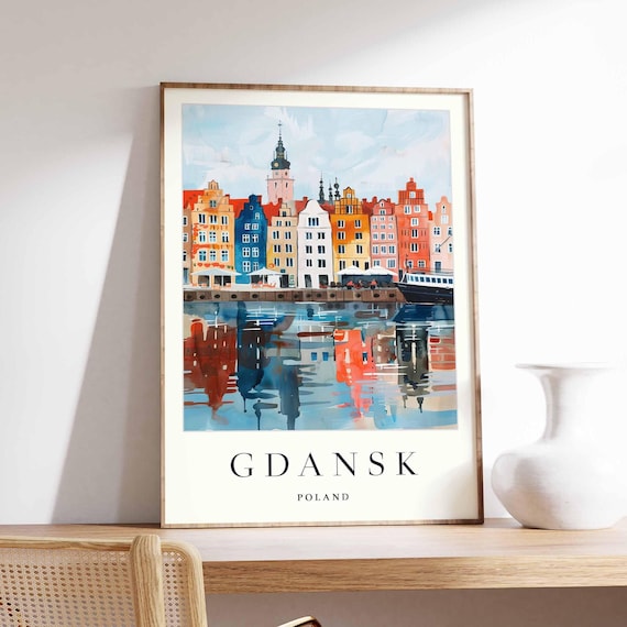 Gdansk Poland Travel Poster Colorful Waterfront Houses River Reflections