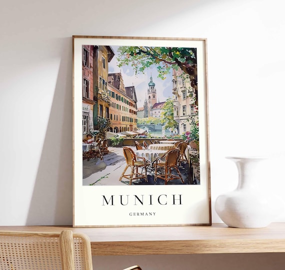 Munich Germany Riverside Cafe Church Tower Watercolor Art Poster