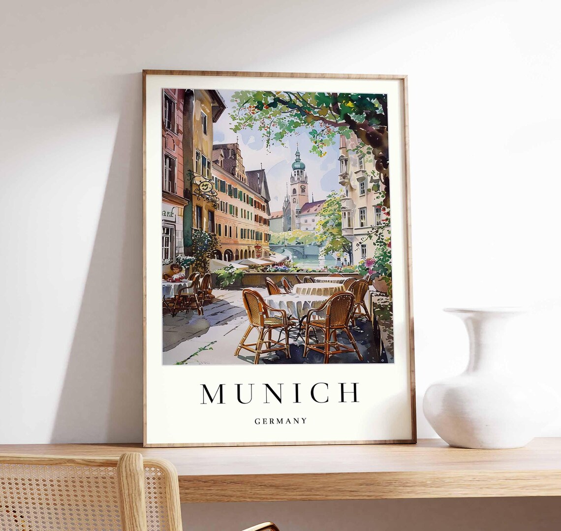 Munich Germany Riverside Cafe Church Tower Watercolor Art Poster