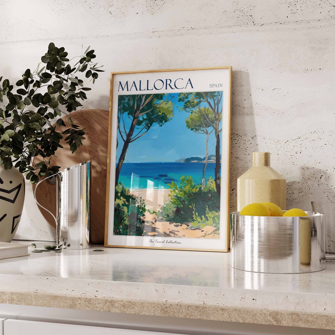 Mallorca Spain Tropical Beach Pine Trees Seaside Travel Art Poster - Image 2