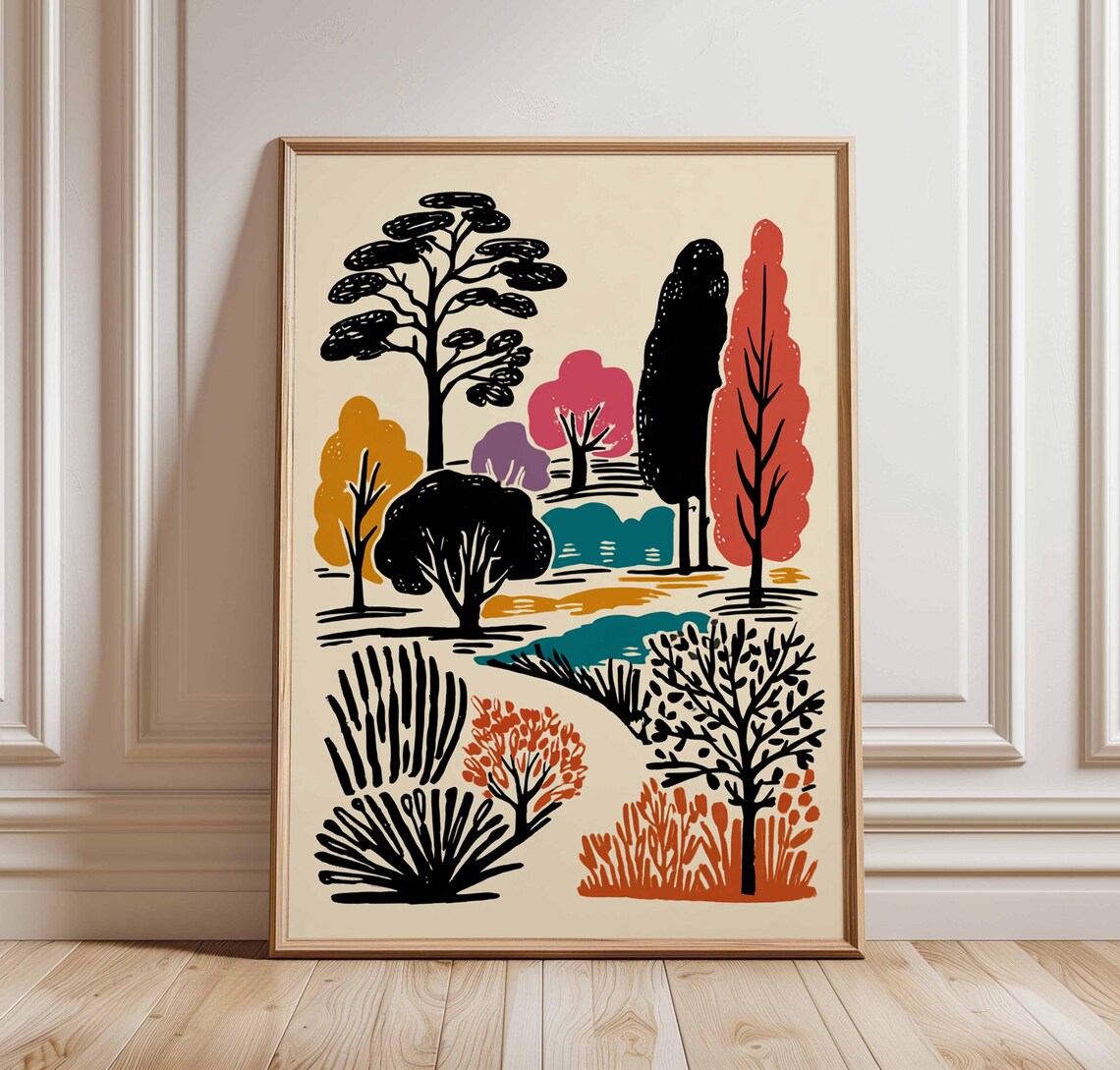 Autumn Forest Trees Colorful Linocut Style Nature Art Poster