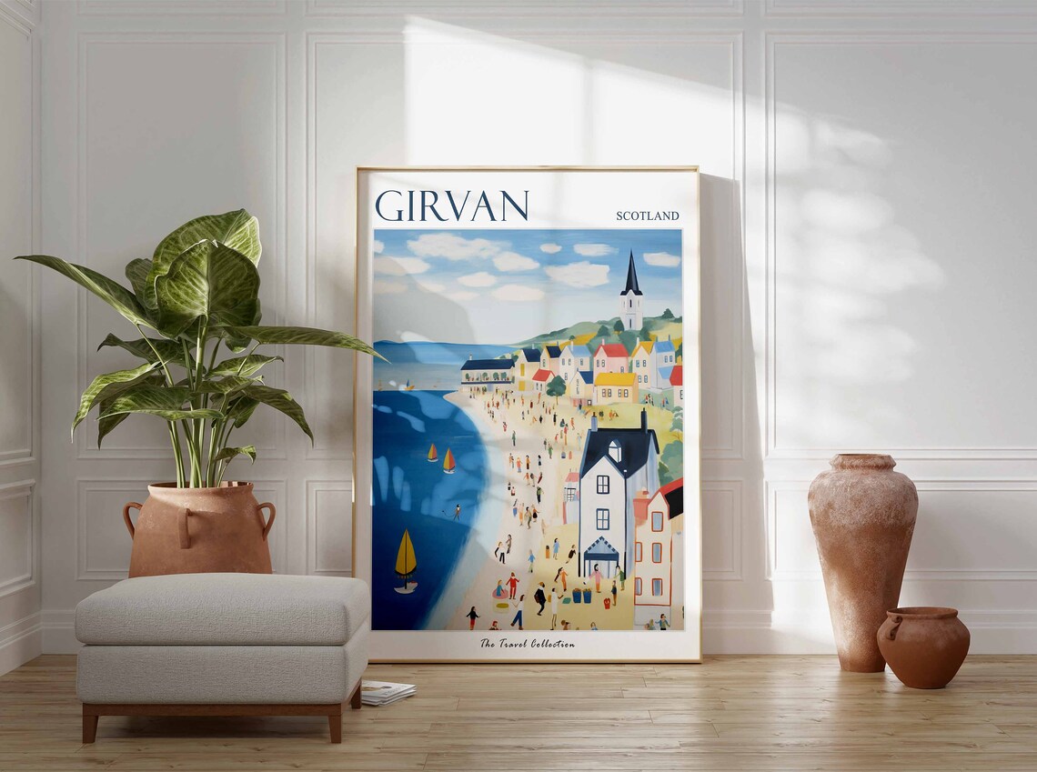 Girvan Scotland Beach Town with Church Spire Vintage Travel Poster - Image 3