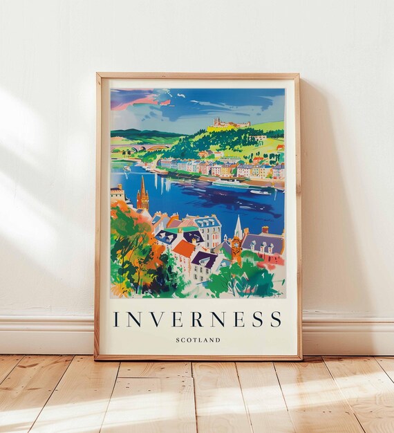Inverness Scotland Travel Poster Riverside Town Castle Hill Vibrant Colors