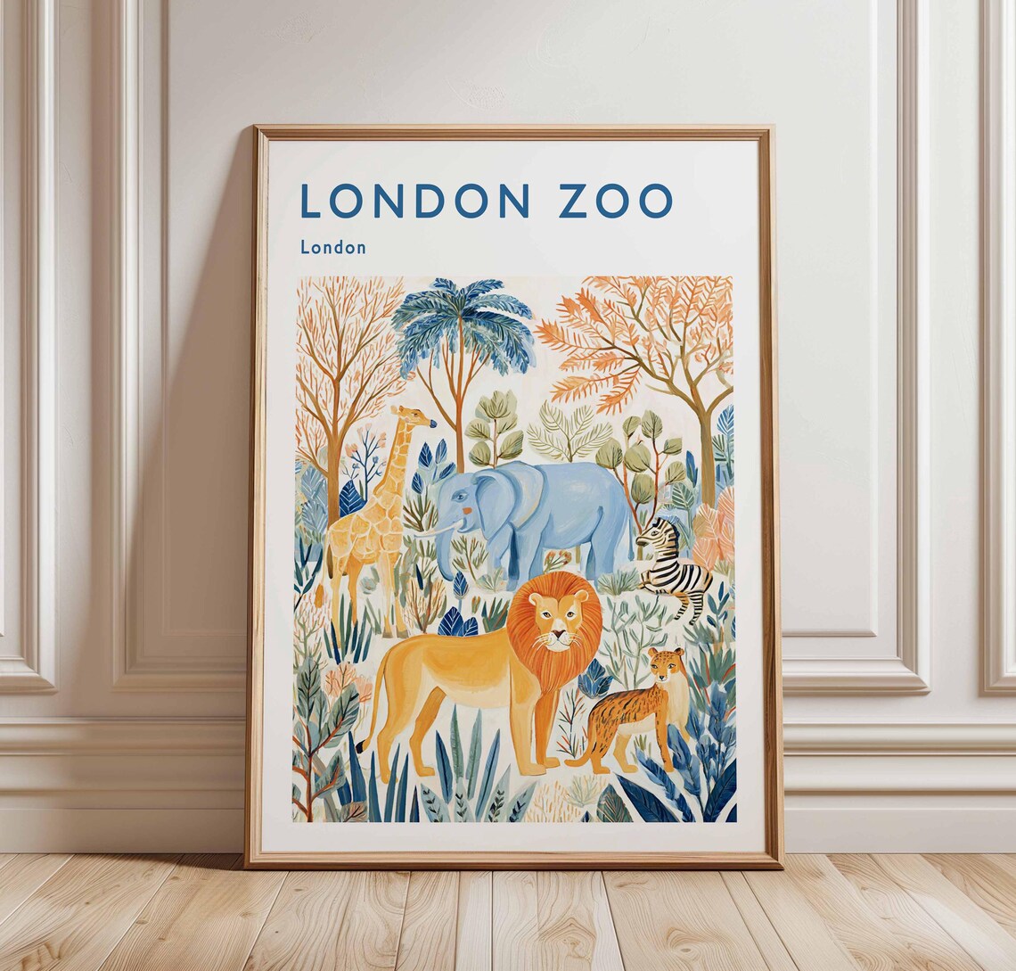 London Zoo Safari Animals Jungle Poster Lion Elephant Giraffe Kids Room Art