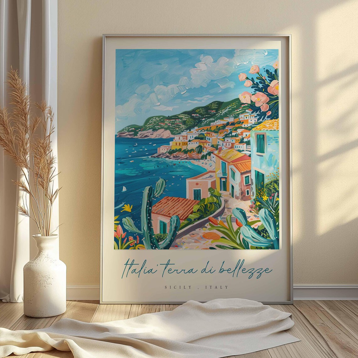 Sicily Italy Village Poster Cacti And Colorful Coastal Town At Noon - Image 2