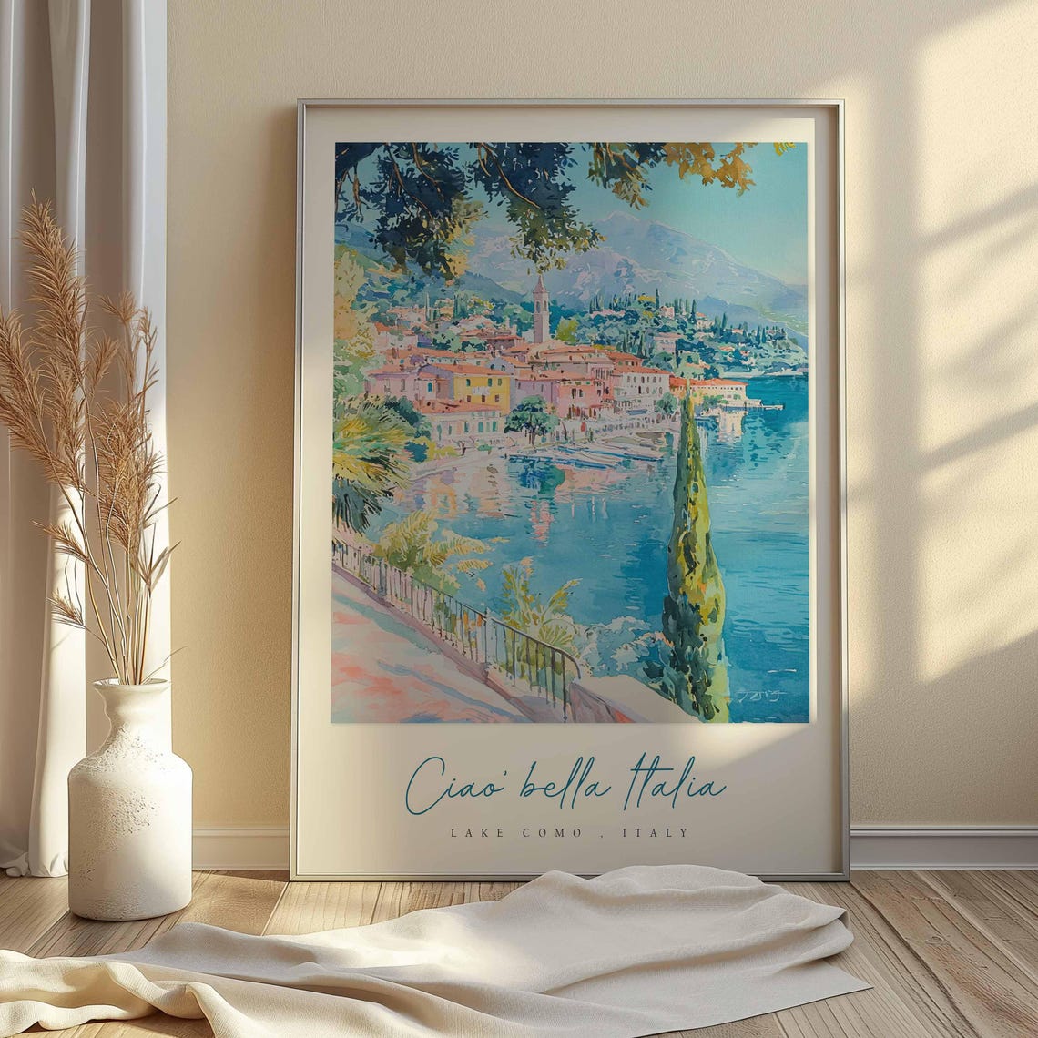 Lake Como Italy Watercolor Lakeside Promenade Pastel Art Poster - Image 2