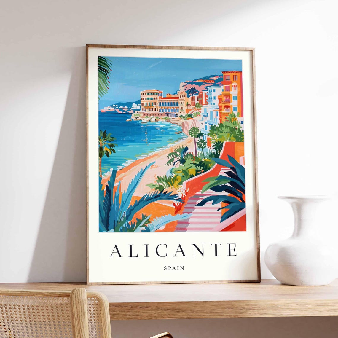 Alicante Spain Coastal City Beach Orange Buildings Travel Poster