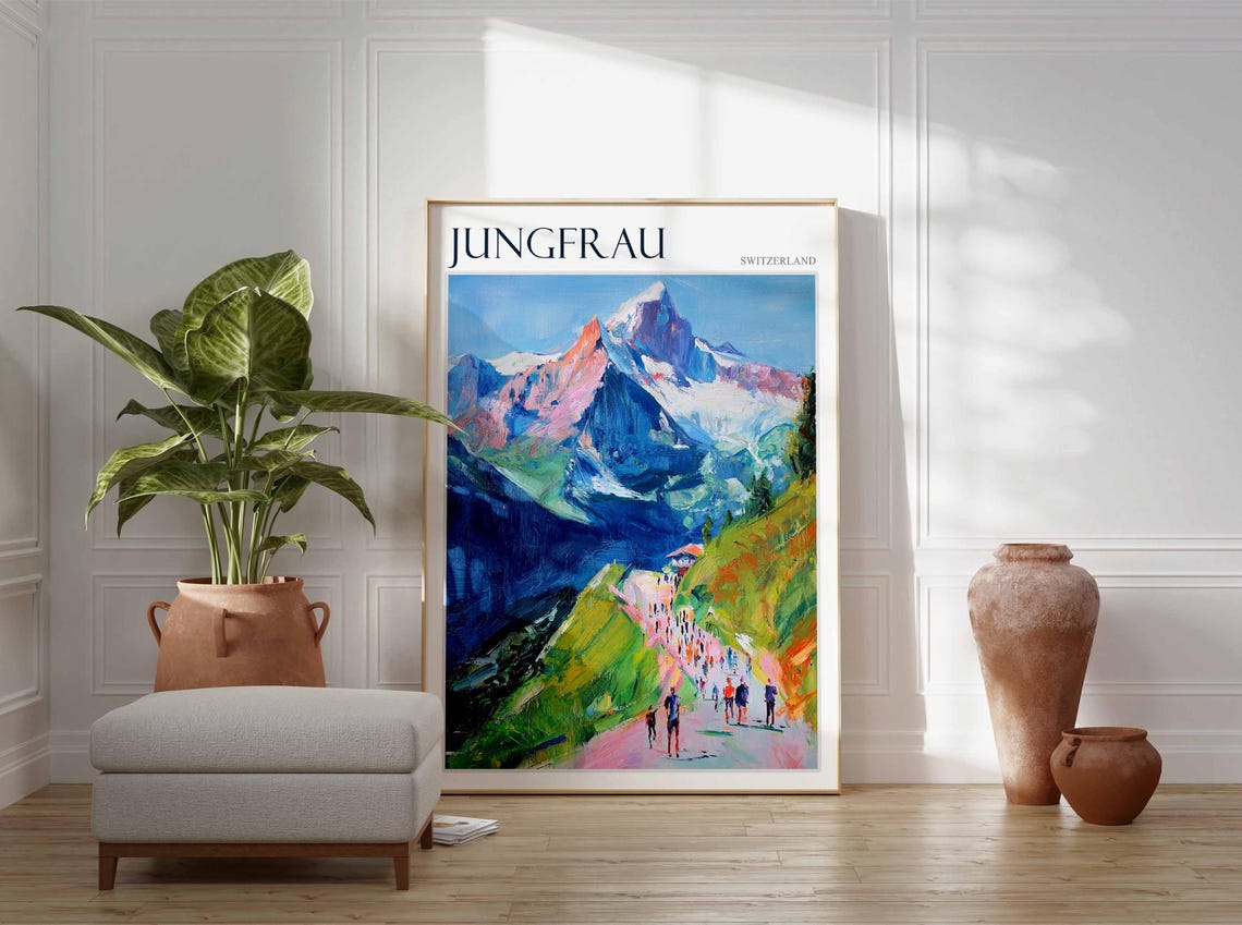 Jungfrau Switzerland Hikers Mountain Trail Painted Travel Poster - Image 2