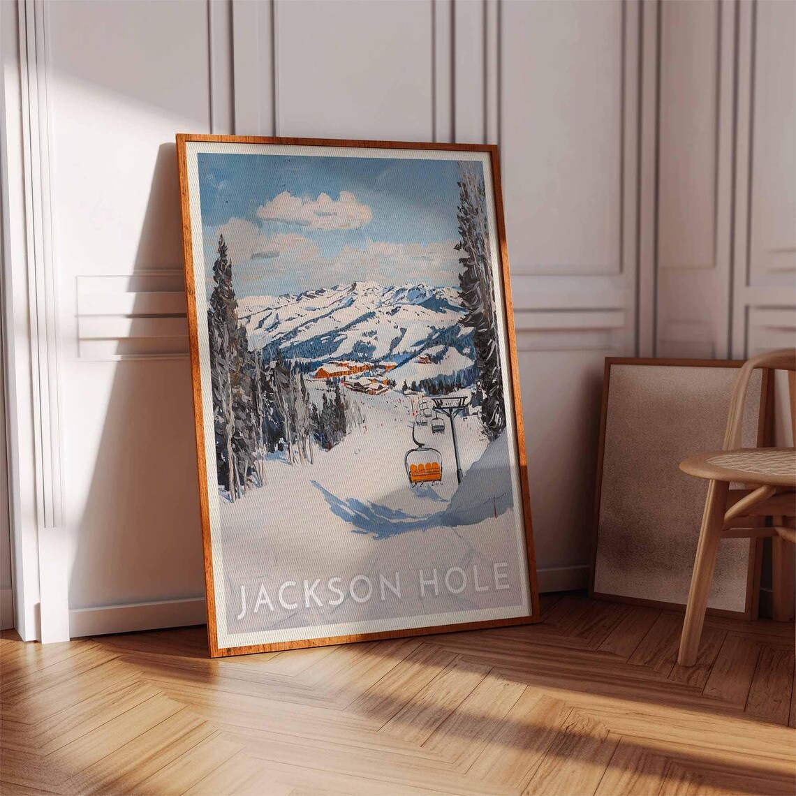 Jackson Hole Orange Chairlift Poster over Snowy Slopes and Blue Sky - Image 2