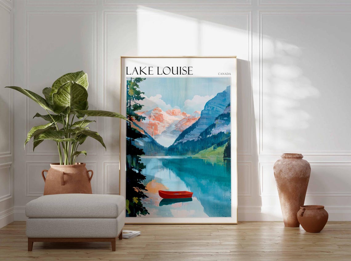 Lake Louise Canada Red Canoe Turquoise Lake Coral Peaks Poster - Image 2