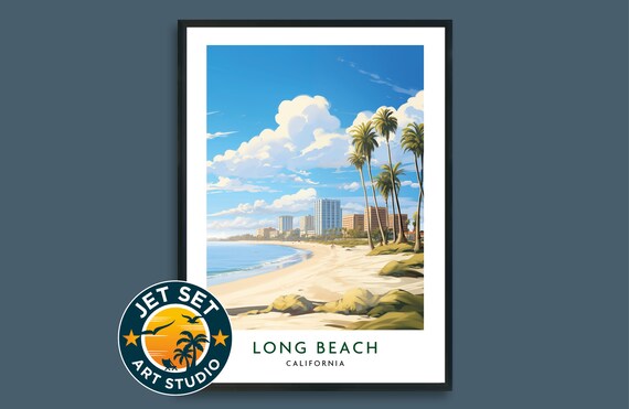 Long Beach California Coastline Palms Vintage Illustrated Travel Poster
