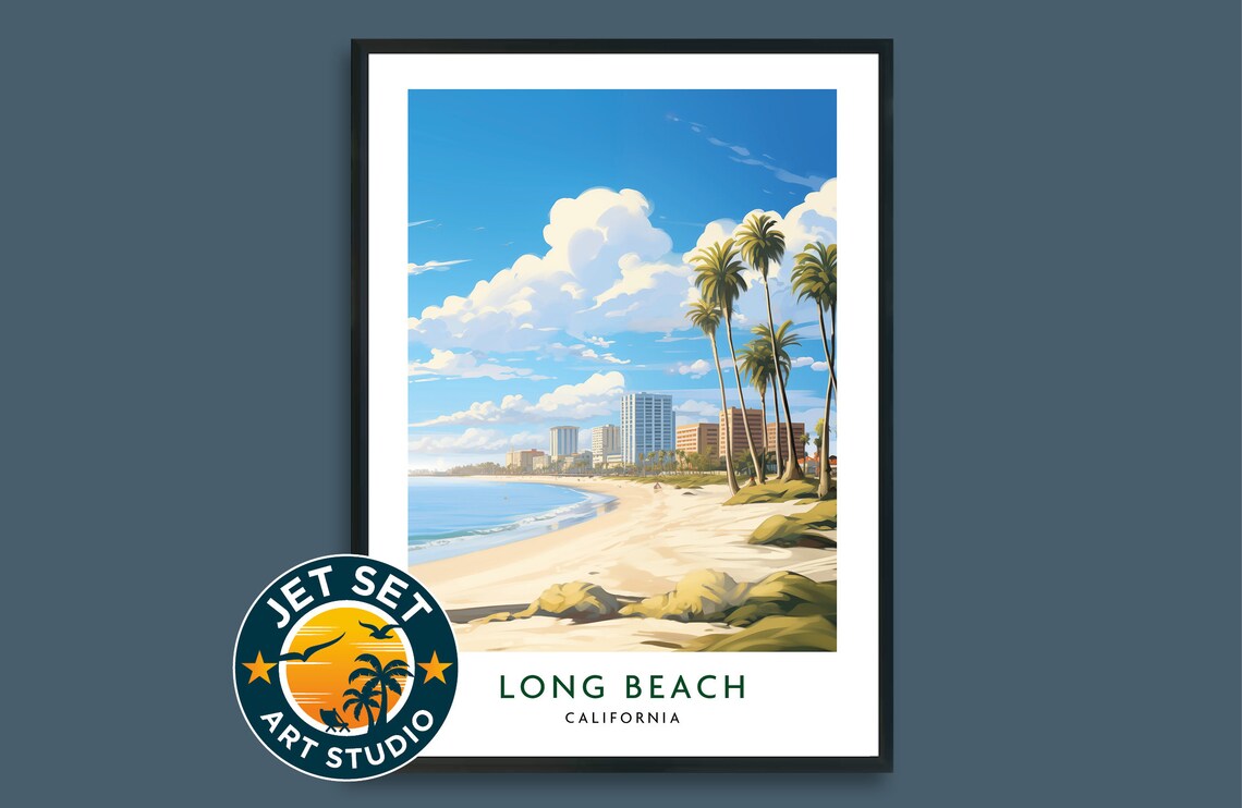 Long Beach California Coastline Palms Vintage Illustrated Travel Poster