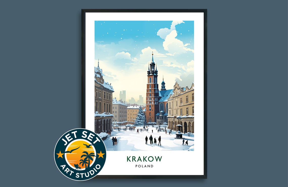 Krakow Poland Snowy Old Town Winter Square Vintage Travel Poster