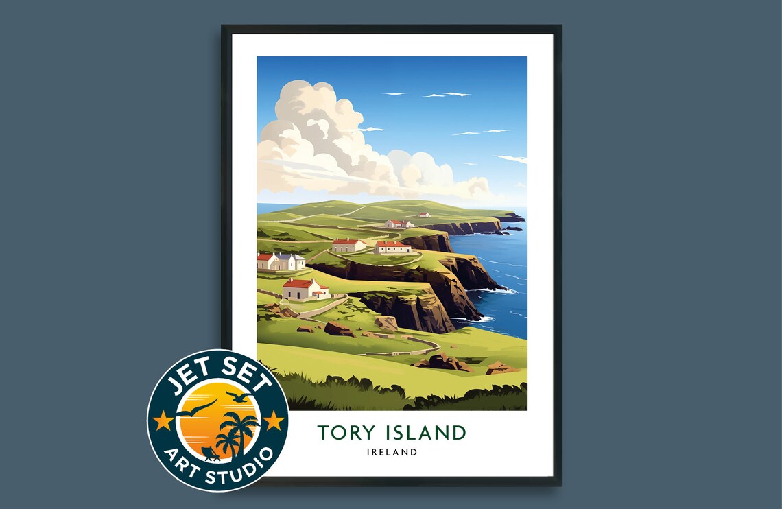 Tory Island Ireland Poster White Cottages Sea Cliffs Vintage Travel Scene