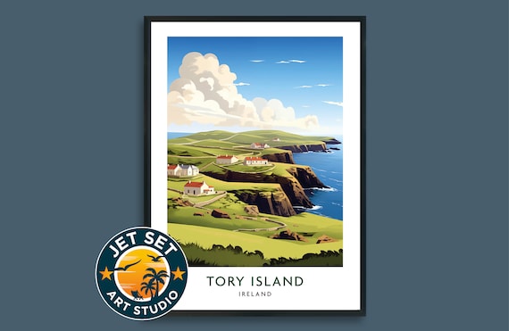 Tory Island Ireland Poster White Cottages Sea Cliffs Vintage Travel Scene