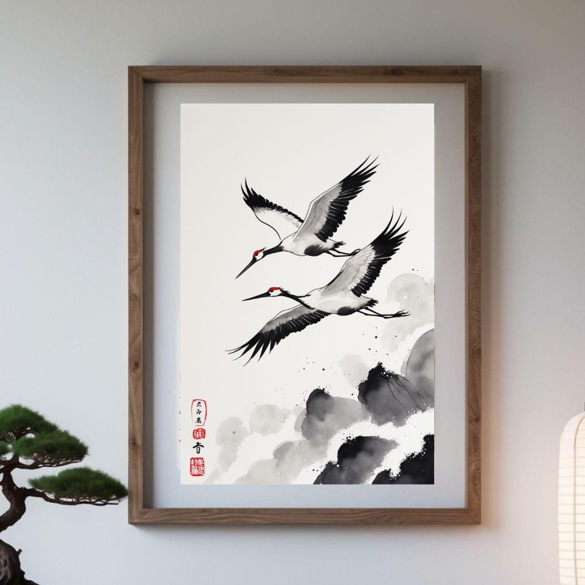 Two Japanese Cranes Flying Above Clouds Ink Painting Zen Poster
