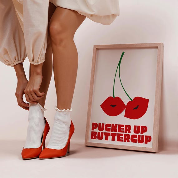 Pucker Up Buttercup Cute Cherry Wall Art Print Kiss Girly Dorm Decor Bedroom