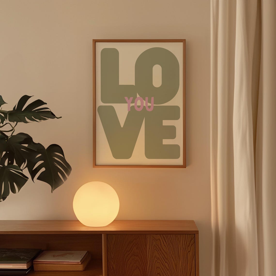 Love You Bold Sage Typography Poster With Pink Accent for Bedroom
