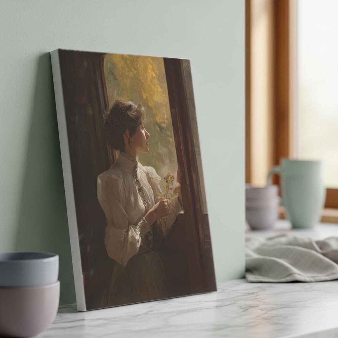 Lady At Window Holding Flowers Vintage Romantic Soft Feminine Art Poster
