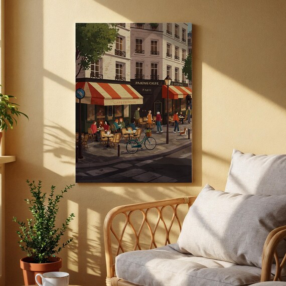 Paris Cafe Canvas Wall Art Vintage French Bistro Street Scene Cozy European Cityscape Print For Kitchen Dining Room Or Living Decor
