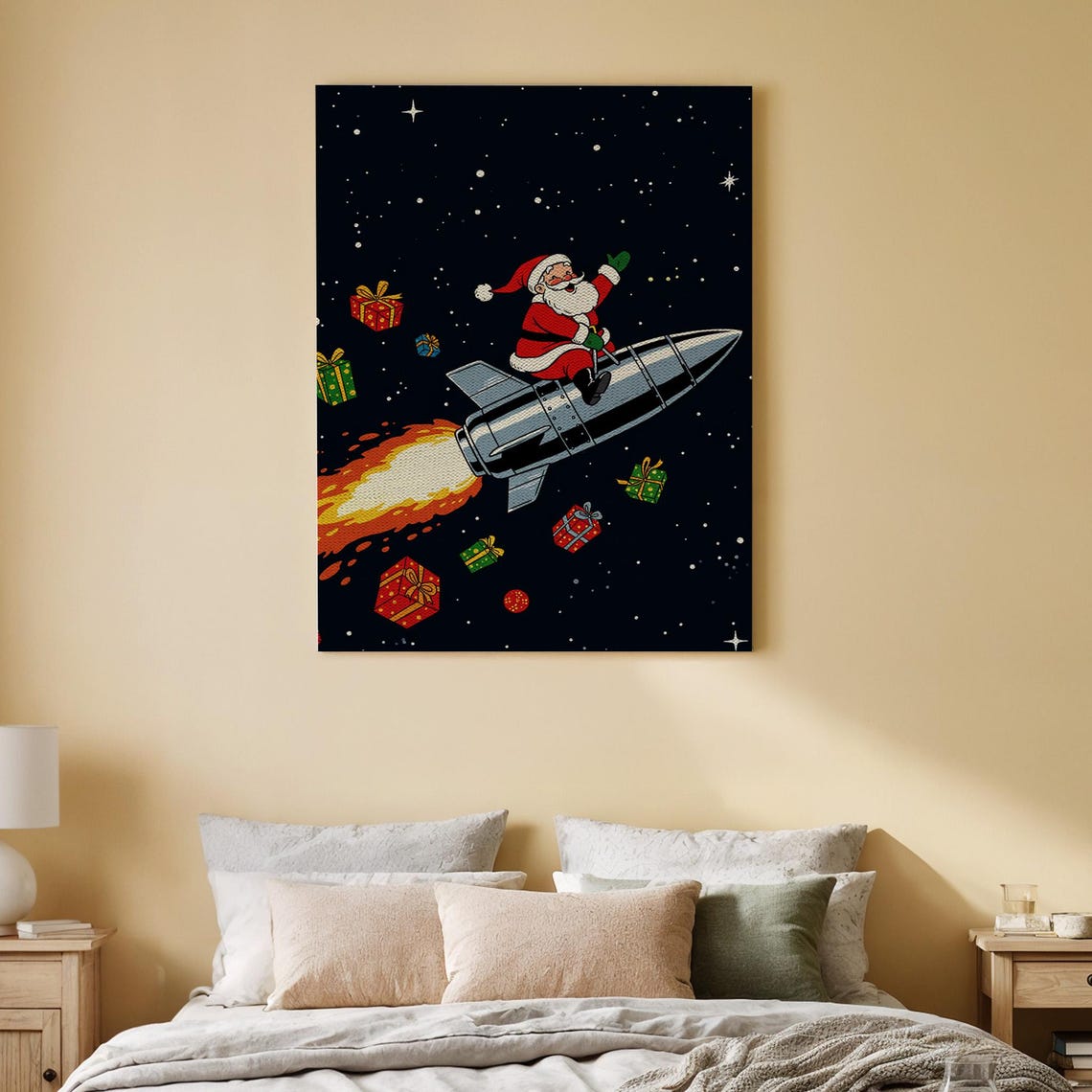 Retro Santa Riding Rocket Christmas Poster Gifts Flying In Space