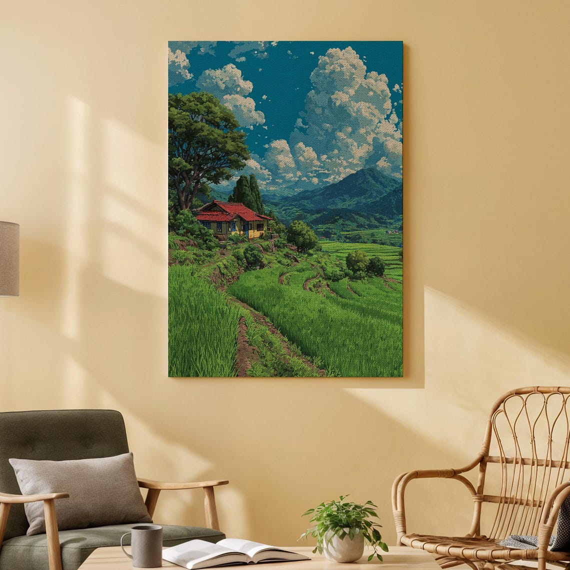 Green Rice Fields Countryside Red Roof House Mountain Poster