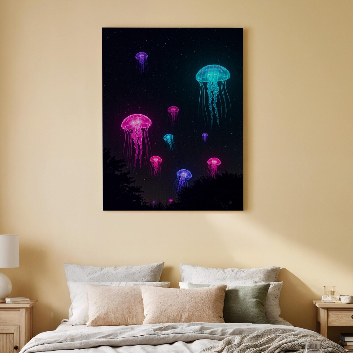 Neon Jellyfish Glowing Night Sky Deep Sea Dreamy Fantasy Art Poster