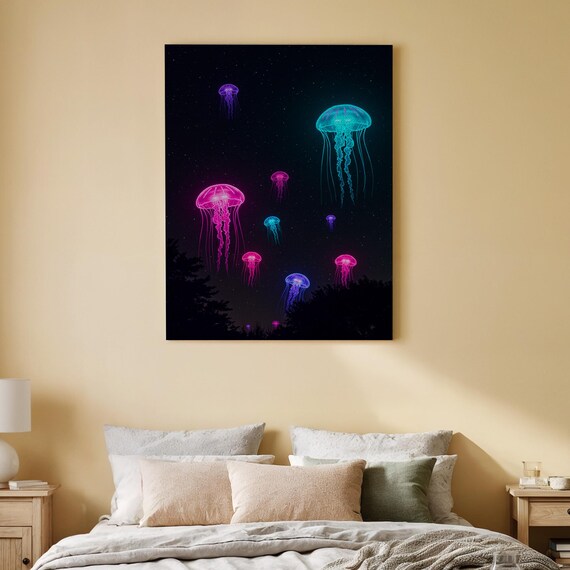 Neon Jellyfish Canvas Art Glowing Floating In The Night Sky Scifi Underwater Inspired Decor For Living Room Bedroom Or Office