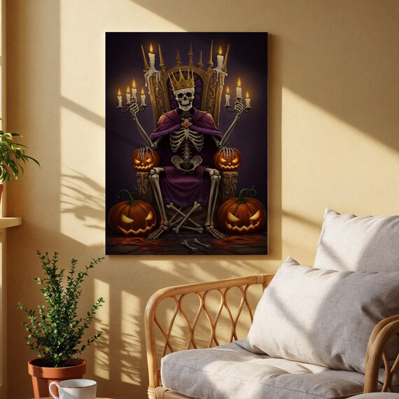 Skeleton King Canvas Art Gothic Halloween Wall Print Spooky Royal Throne Decor For Living Room Office Or Haunted Home Spaces