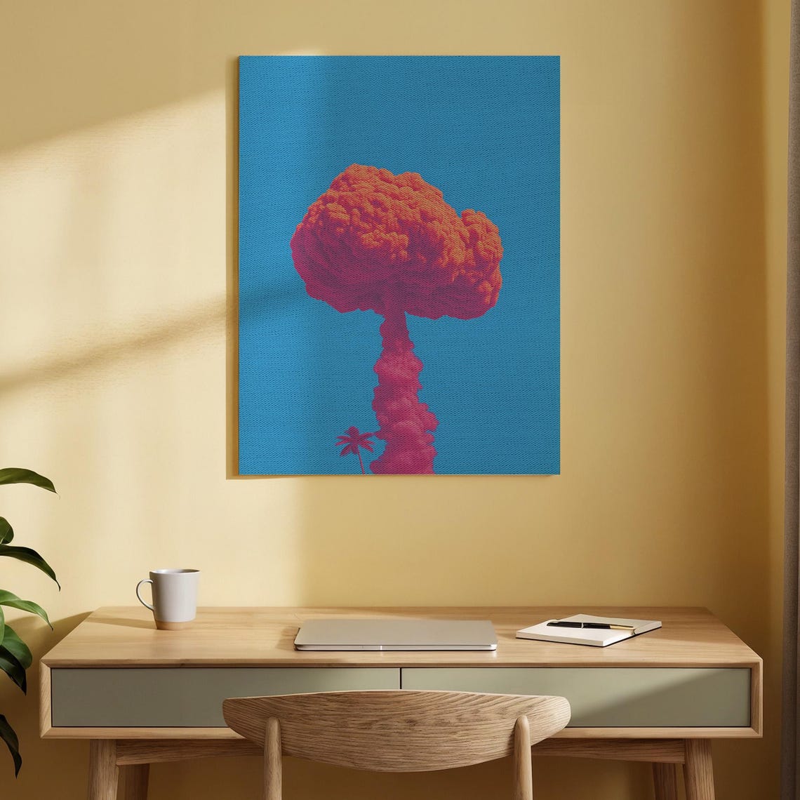 Red Mushroom Cloud On Teal Blue Sky With Palm Tree Pop Art Poster
