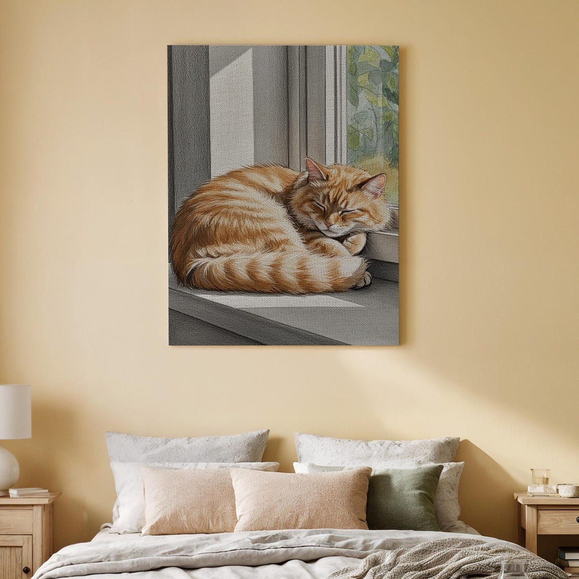 Sleeping Orange Tabby Cat on Windowsill Cozy Realistic Poster