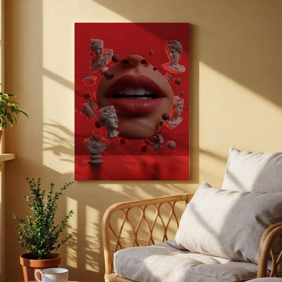 Surreal Red Lips Wooden Poster Print On Wood Classical Sculpture Collage Wall Art Bold Abstract Modern Decor For Living Room Or Studio