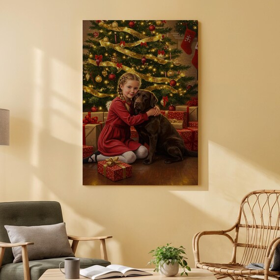 Girl Hugging Labrador By Christmas Tree Canvas Print Holiday Decor