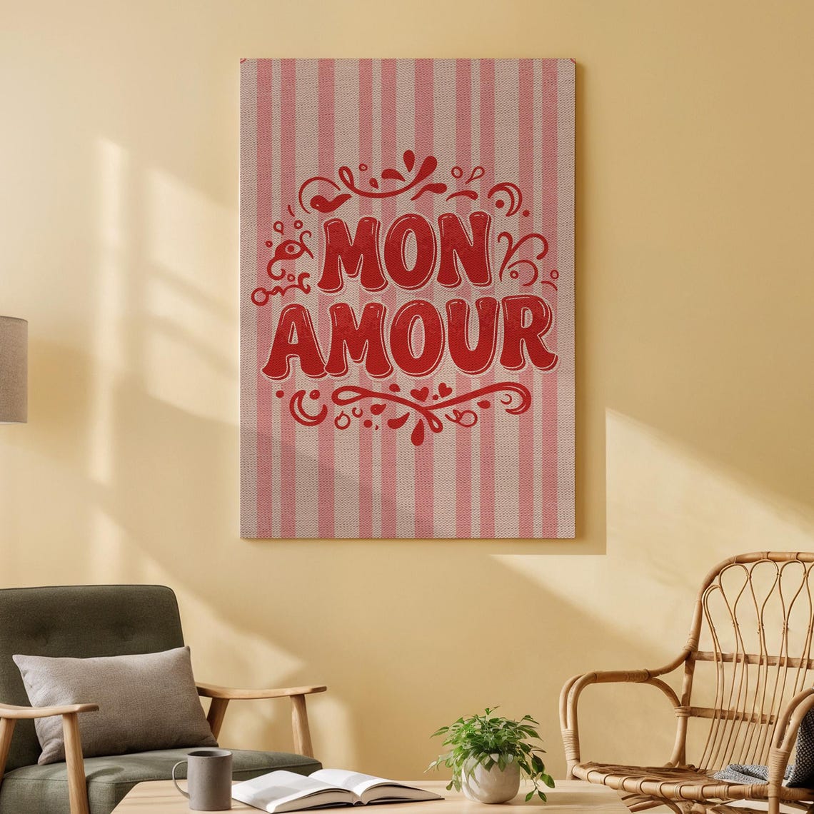 Mon Amour French Love Quote Retro Typography Stripe Wall Poster