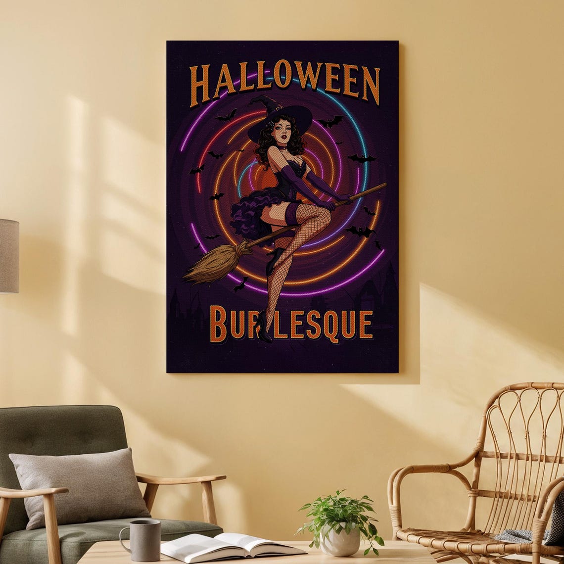 Halloween Burlesque Retro Pinup Witch Broom Neon Swirl Wall Art