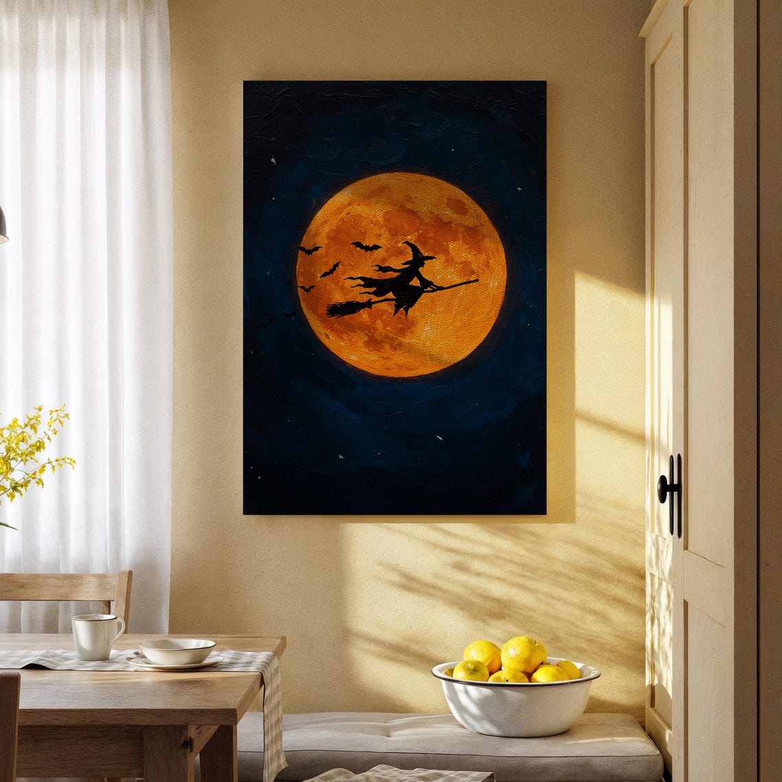Witch Silhouette Flying Over A Giant Orange Full Moon Halloween Poster