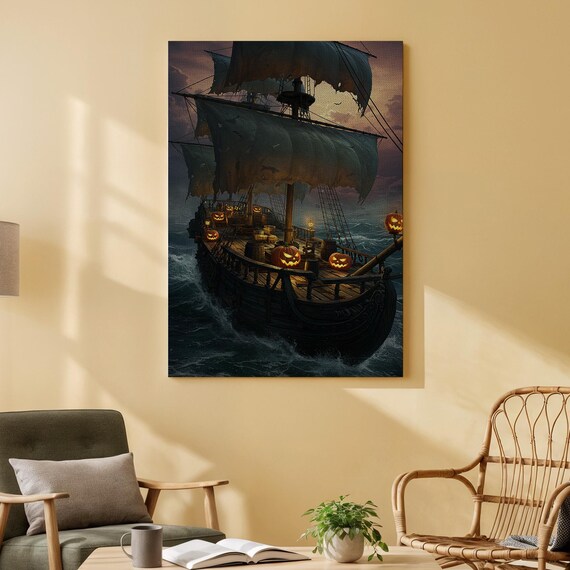 Haunted Pirate Ship Halloween Canvas Art Ghostly Ocean Wall Print Dark Nautical Decor For Living Room Or Office And Home