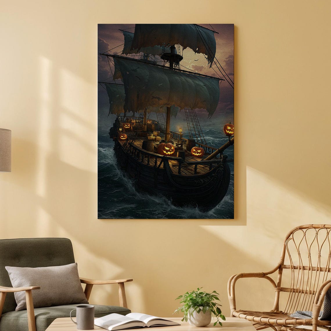 Haunted Pirate Ship Ghostly Night Ocean Jack O Lanterns Art Poster