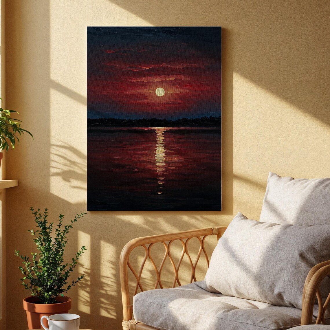 Sunset Reflection Crimson Sky Over Dark Water Moonlit Serene Nature Poster