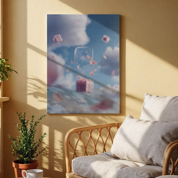 Floating Gift Box Canvas Art Dreamy Sky With Clouds And Pink Petals Whimsical Abstract Artwork For Living Room Bedroom Or Office