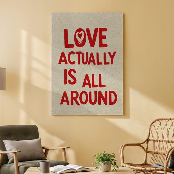 Love Actually Is All Around Canvas Wall Art Red Typography Quote Print Romantic Minimalist Text Design For Bedroom Or Living Room Decor