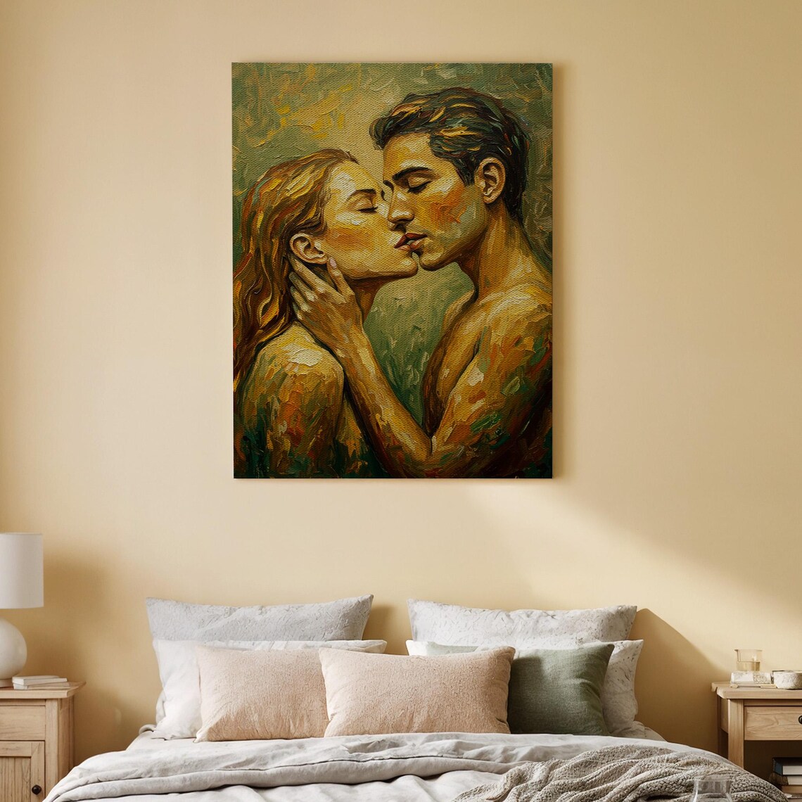 Romantic Lovers Kiss Oil Painting Golden Tones Couple Canvas Poster